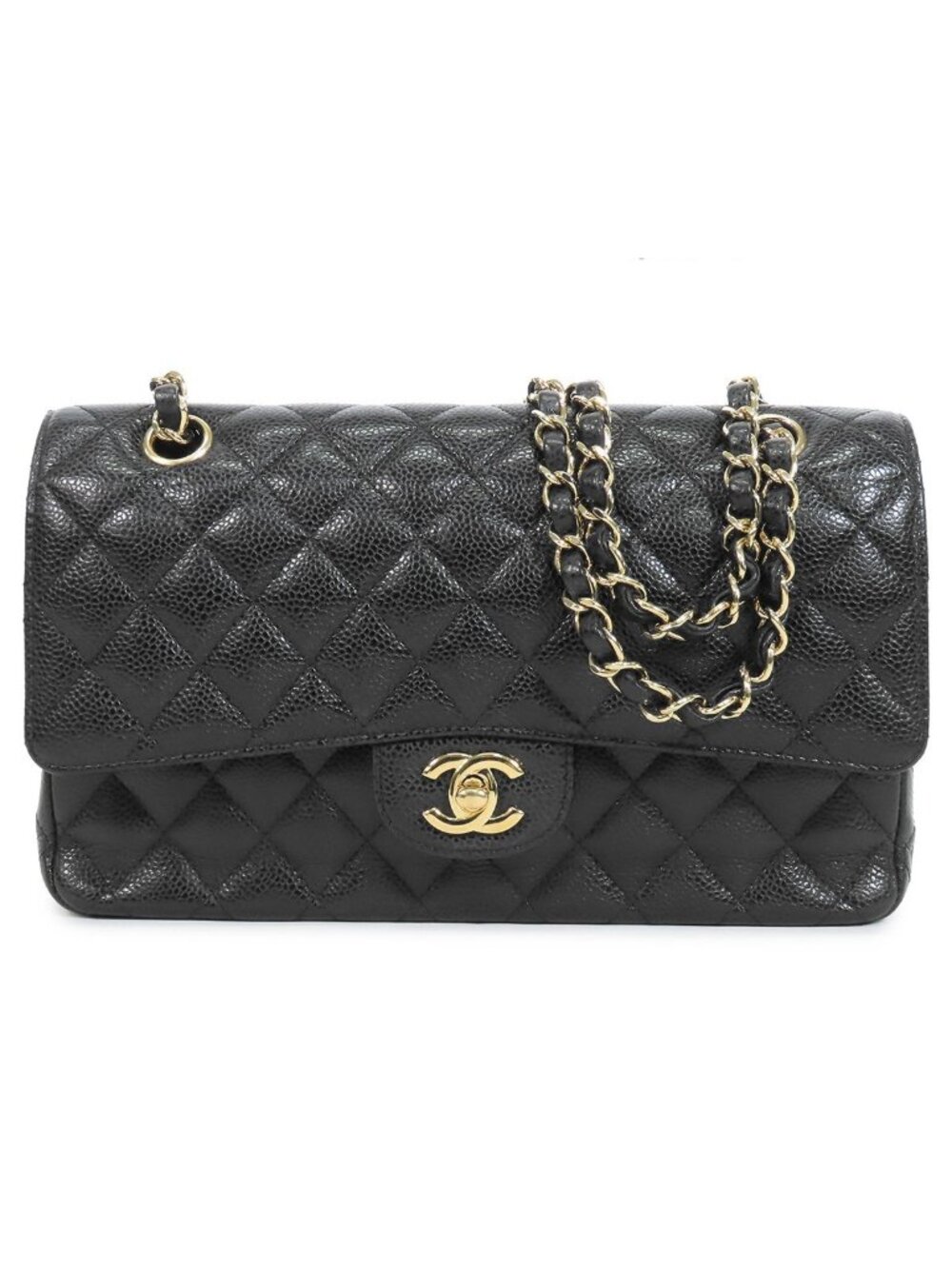 Chanel Chain Black Gold Caviar Leather Quilted 25 Double Flap Shoulder Bag